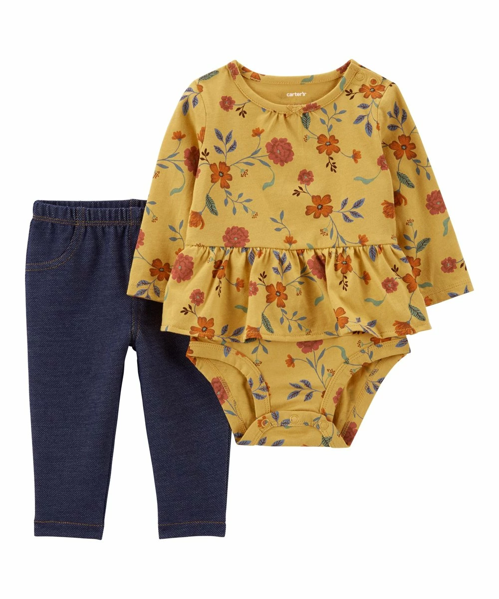 Carter's | Mustard Floral Skirted Bodysuit & Navy Pants - Newborn & Infant