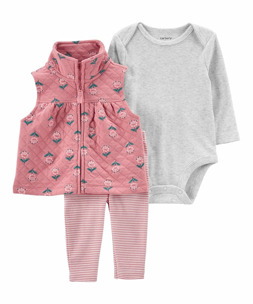 Carter's | Pink Floral Zip-Up Quilted Vest Set - Newborn & Infant