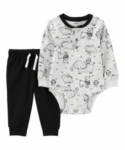Carter's | White Elephant Long-Sleeve Henley Bodysuit & Black Sweatpants - Newborn & Infant
