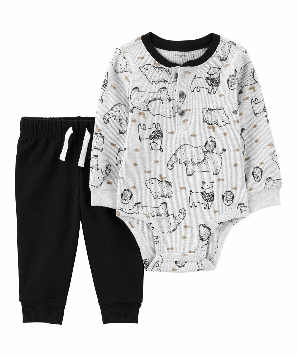 Carter's | White Elephant Long-Sleeve Henley Bodysuit & Black Sweatpants - Newborn & Infant