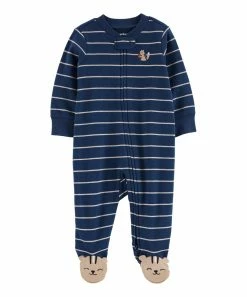 Carter's | Navy & Beige Stripe Chipmunk Zip-Up Long-Sleeve Footie - Newborn & Infant