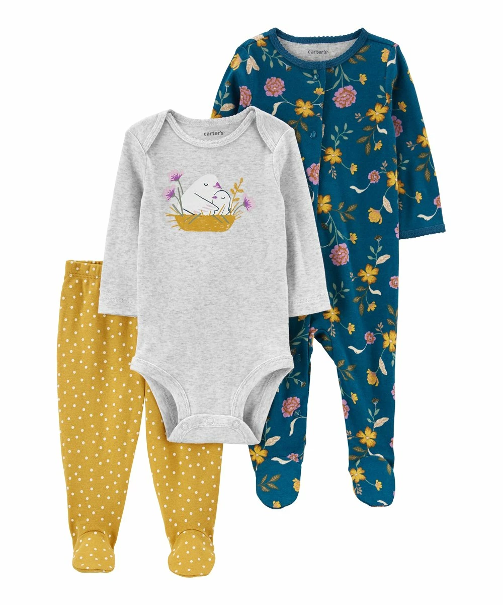 Carter's | Heather Gray & Teal Bird Floral Bodysuit Set - Infant